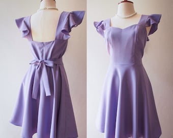 OLIVIA - Dusty Purple summer Dress Ruffle Sleeve Strap Style sweetheart Swing sunDress bridesmaid old money women preppy outfit Gift for her