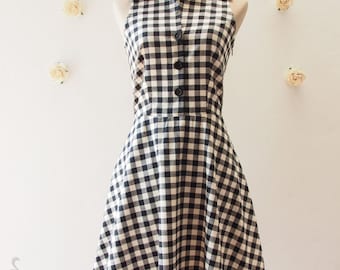 Shirt Dress Black Gingham Vintage Style Summer Sundress Black Party Dancing midi Dress Check checker print old money preppy fashion lady