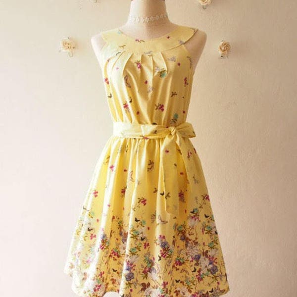 Tea Party - Yellow Floral Dress Vintage Sundress Belle Dress Butterfly Summer Dress Audrey Hepburn Inspired Bridesmaid Dre...