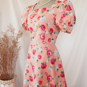 Cotton Pink Floral Summer Dress Vintage Sundress Puff Sleeve Modern Dutchess Dress Romantic Picnic in Garden Dress