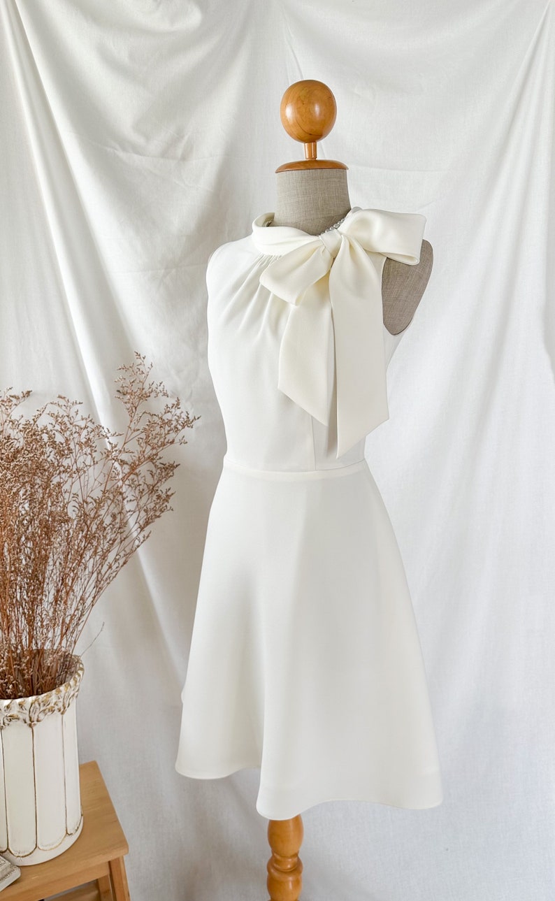 White party dress turtle neck big bow vintage style wedding minimal engagement gown white prom dress summer mod sundress capsule wardrobe image 10