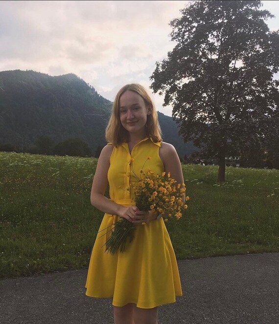 Yellow Summer Dress Shirt Dress Collar 