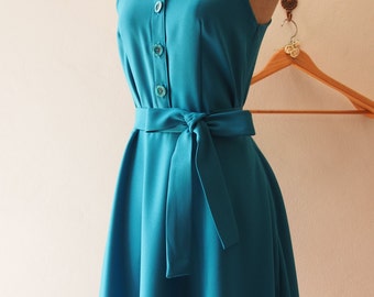 DOWNTOWN - Teal Shirt Dress Teal spring Dress Sundress Vintage Modern Dress midi Dress Casual Dress Party Dress - Sleeveless or Cap Sleeve