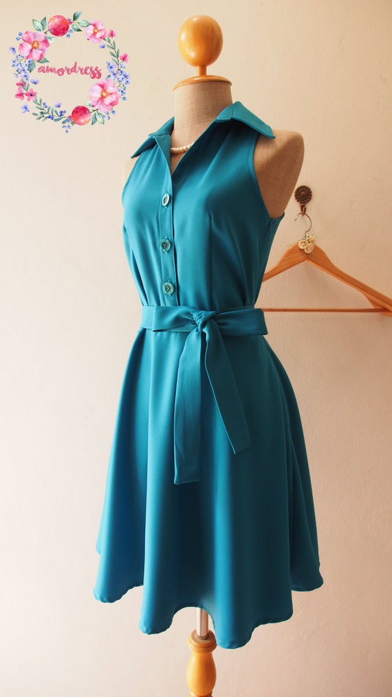 DOWNTOWN Teal Shirt Dress Teal Spring Dress Sundress Vintage - Etsy