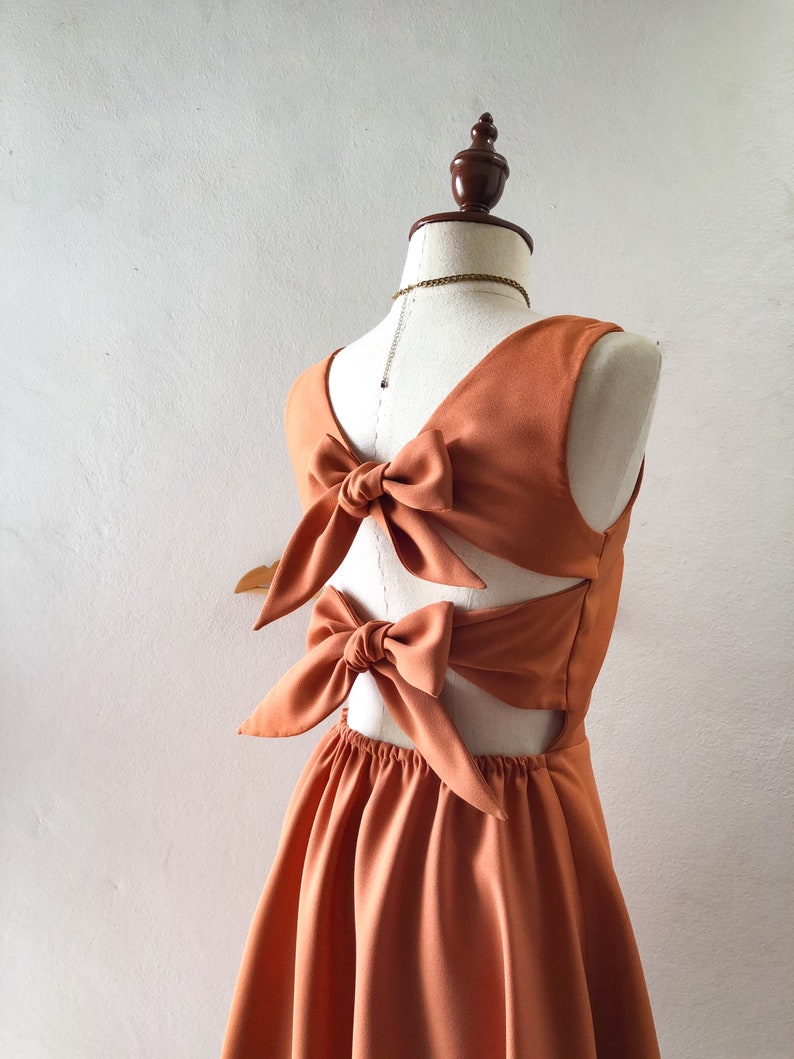 Ella Dress Caramel Brown Back bow party dress vintage retro Khaki bridesmaid gown summer fashion sundress swing cute twin bow quirky design