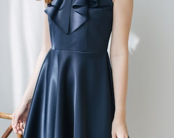 Navy Dress Navy Bridesmaid Dark Blue Dress Navy Evening Dress Vintage Inspired Dress Party Dress Summer Dress V Neck Ruffle Dress  - Blake