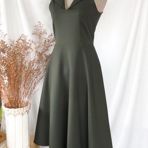 La La Dress - Vestido verde militar, vestido veraniego estilo antiguo, estilo preppy, cuello bonito, falda acampanada, estilo vintage, estilo veraniego, estilo swing parisino.