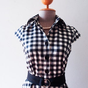 Summer Dress Black Gingham Dress Cap Sleeve Shirt Dress Swing Skirt Fit and Flare Vintage Sundress Mod Belt Black Dress DOWNTOWN image 3