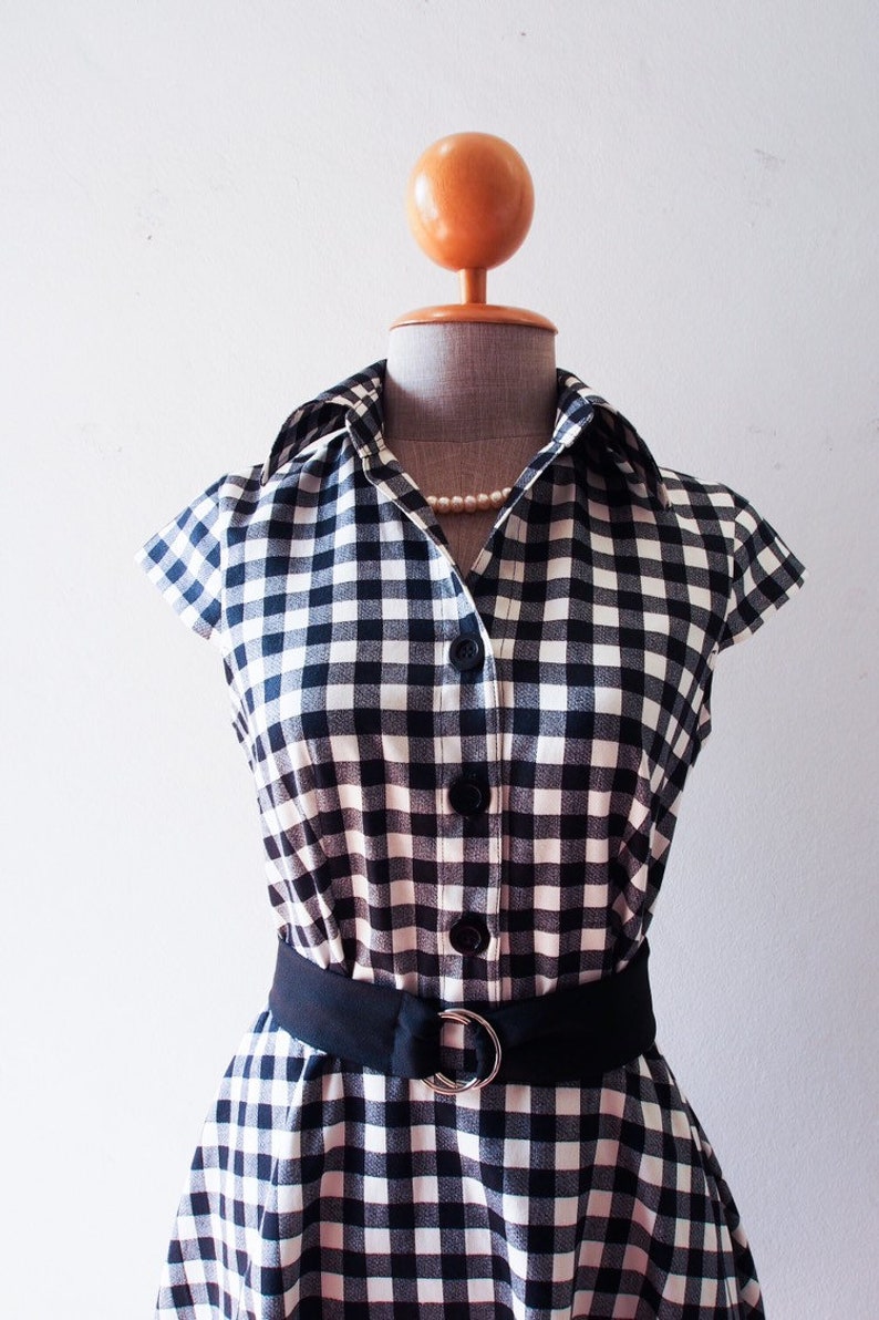 Summer Dress Black Gingham Dress Cap Sleeve Shirt Dress Swing Skirt Fit and Flare Vintage Sundress Mod Belt Black Dress DOWNTOWN image 3