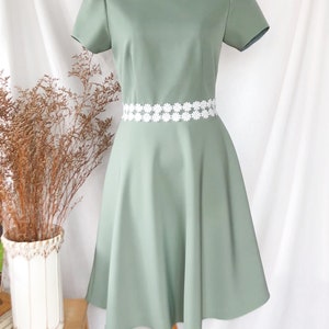 Bloom - Sage green dress sleeve floral summer preppy retro old money elegant classic swing skirt with floral lace Bridesmaid Party women