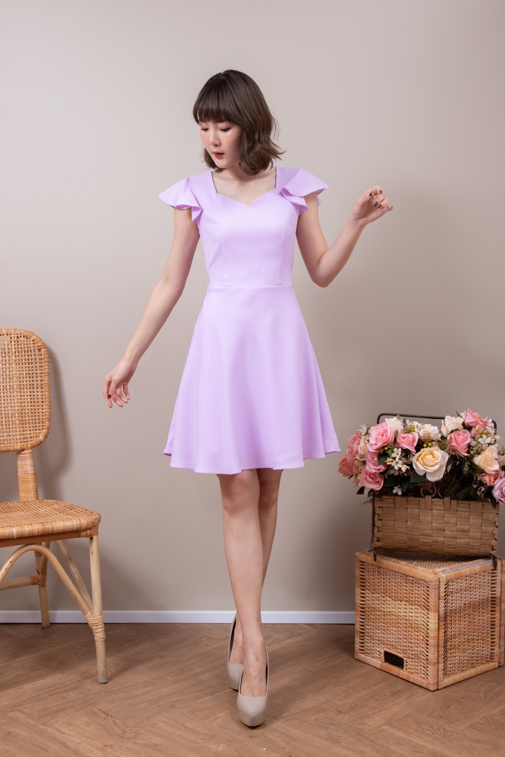 Lavender Dress Wedding Guest Sweetheart Purple Ruffle Sleeve | Etsy