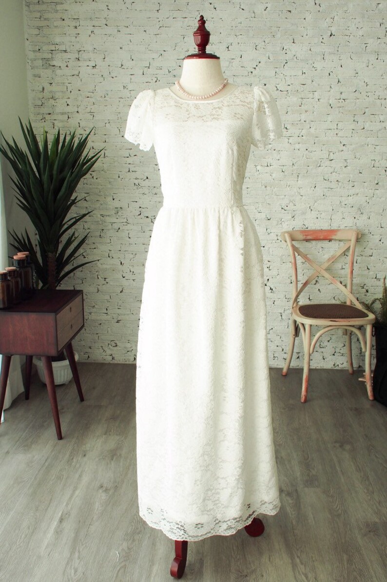 White Lace Dress Vintage Inspired Bridesmaid Dress broderie anglaise Off Long Rustic Wedding Gown Floor Length White Cap Sleeve Halloween image 2
