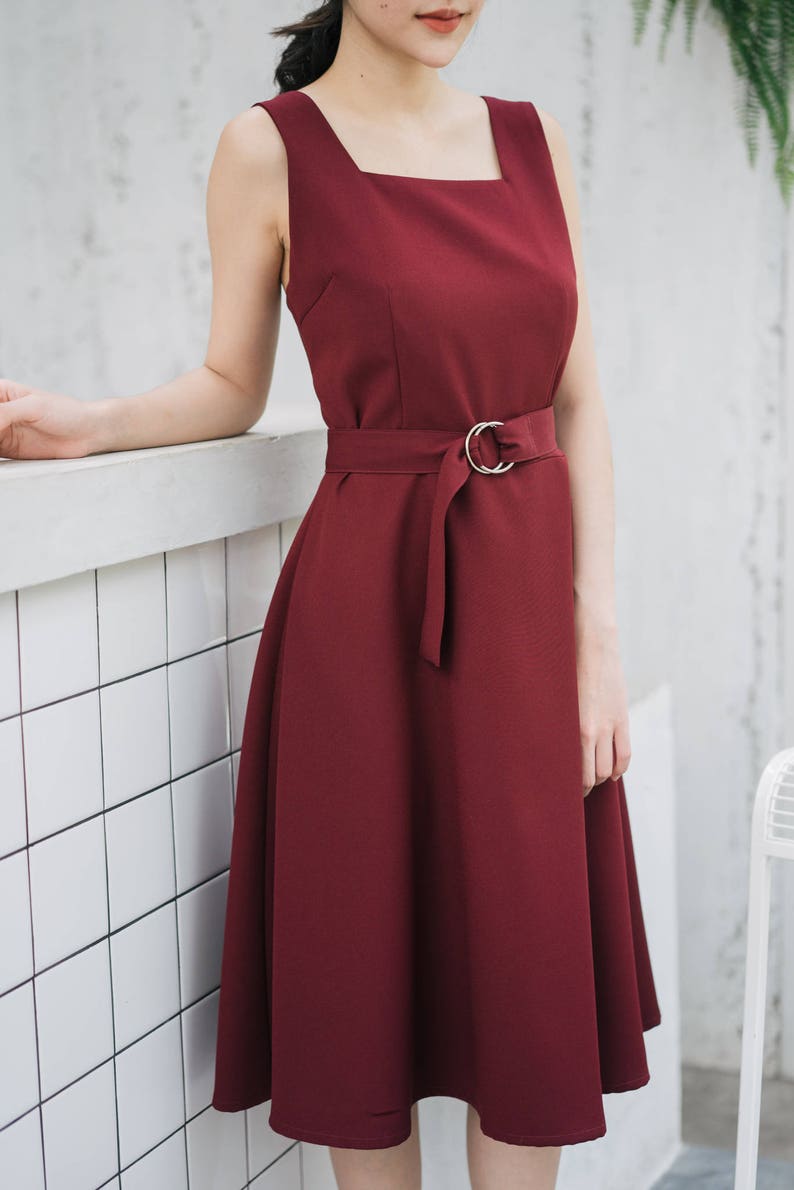 Baverly Dark Burgundy Dress Vintage Modern Simple Retro Dress Summer Wedding Dress Fit and Flare Summer Dress Elegant Beth red Sundress image 3