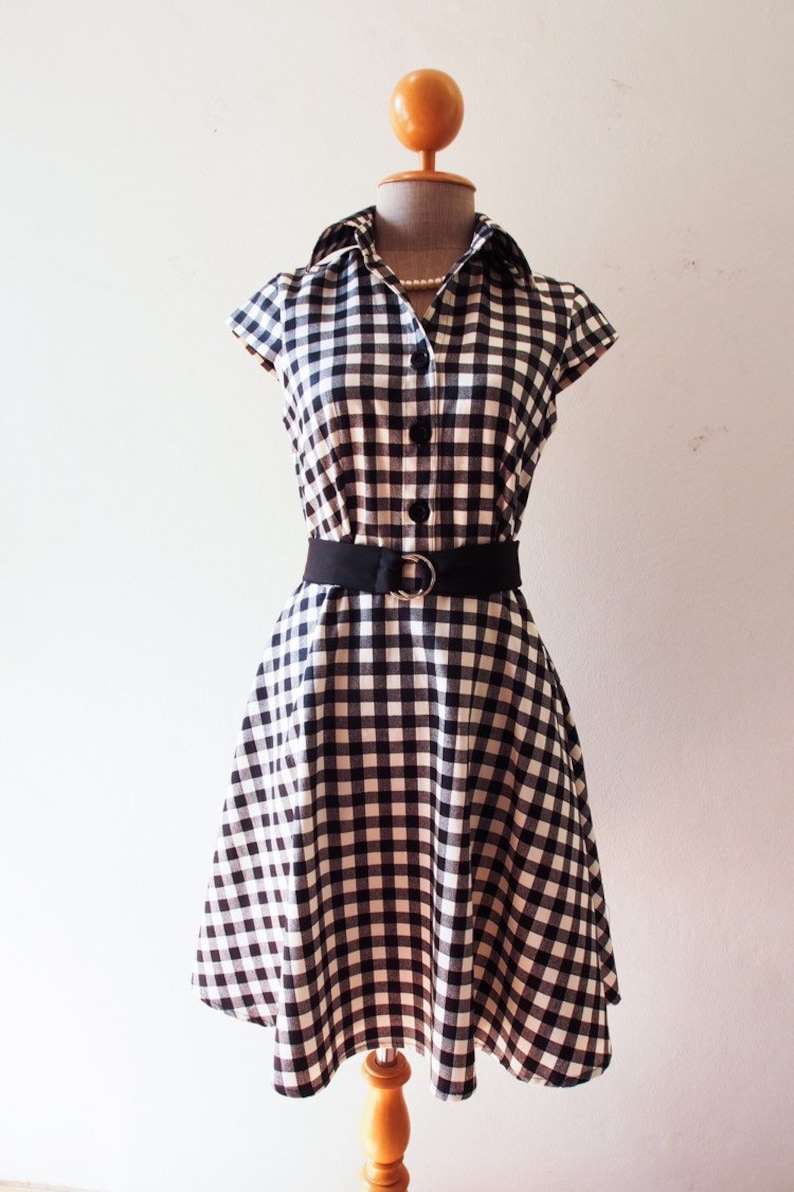 Summer Dress Black Gingham Dress Cap Sleeve Shirt Dress Swing Skirt Fit and Flare Vintage Sundress Mod Belt Black Dress DOWNTOWN image 2