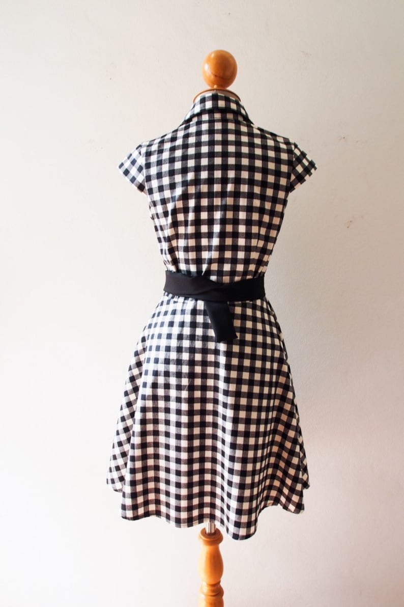 Summer Dress Black Gingham Dress Cap Sleeve Shirt Dress Swing Skirt Fit and Flare Vintage Sundress Mod Belt Black Dress DOWNTOWN image 6