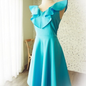 Blue Bridesmaid Dress Prom Dress Ruffle V Neck Formal Vintage Inspired Party Evening Dress Gown Fit and Flare Graduation Dress- BLAKE