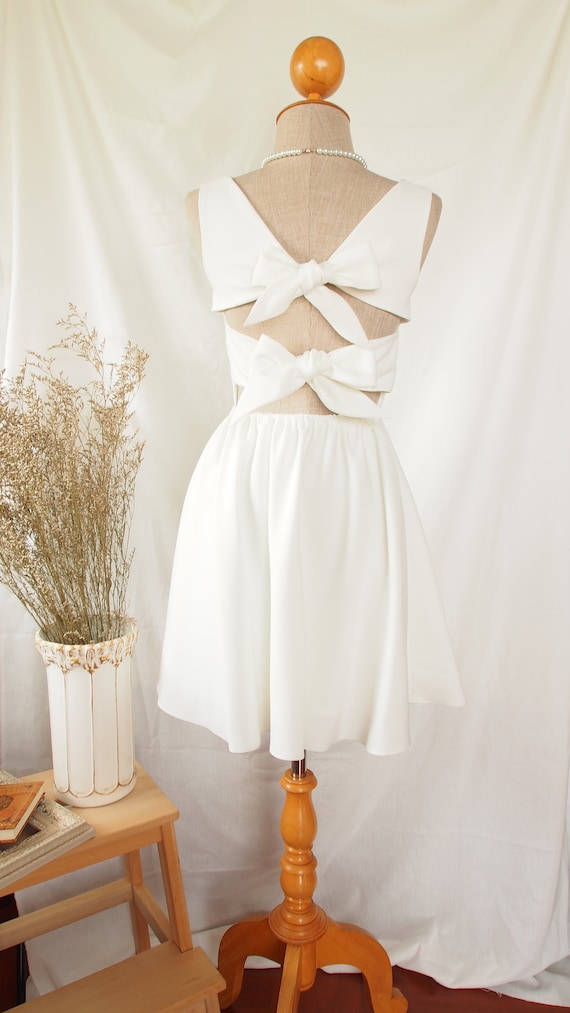 Ella - White Sundress Bridesmaid Dress Twin Back Bow Elegant Prom  