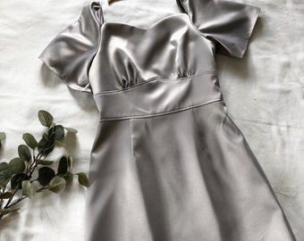 Silver gray Dress Shining A line Party Dress Summer Vintage prom Flare Bell Sleeve Mini Dress Vintage Sundress Bridesmaid Dress-Monet