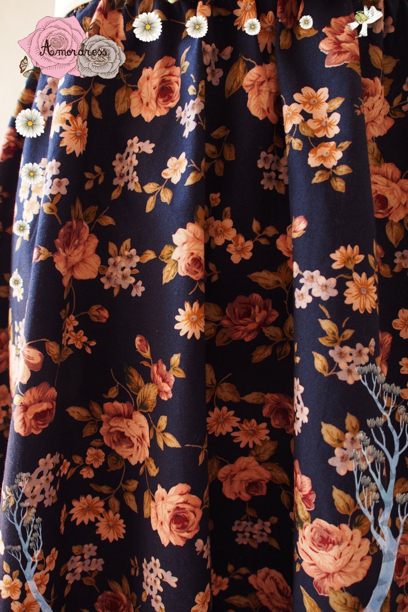 Navy Floral Skirt Rose Skirt Summer Skirt Swing Pastel Skirt Dancing Skirt Cotton Midi Skirt Vintage Floral Skirt Size S-M image 5