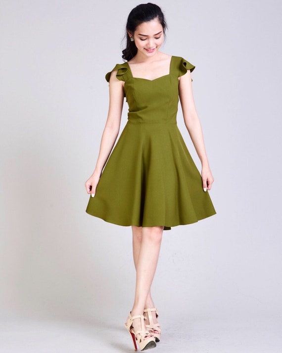 Olivia Olive Green Bridesmaid Dress Vintage Summer Sundress Sweetheart Dress Engagement Wedding Prom Dress Ruffle Straps Flare Skirt Etsy