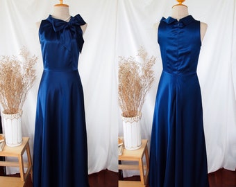 Paris - Navy Prom Dress Turtle Neck Big Bow Elegant Royal Design Floor Length Party Dress Blue Bridesmaid Gown Summer Wedding Party Dress