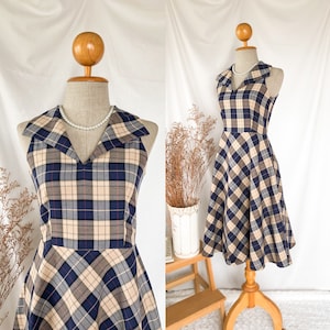 SALE XS-La La Dress - blue checker dress collar flare skirt retro summer dress capsule wardrobe vintage sundress Parisian style