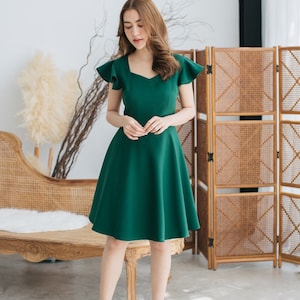 Forest Green Dress Green Bridesmaid Dress Ruffle Sleeve Dress graduation dress Vintage Inspired Prom Dress Green Formal Dress -Alita
