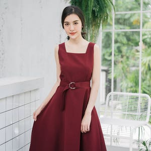 Baverly Dark Burgundy Dress Vintage Modern Simple Retro Dress Summer Wedding Dress Fit and Flare Summer Dress Elegant Beth red Sundress image 1