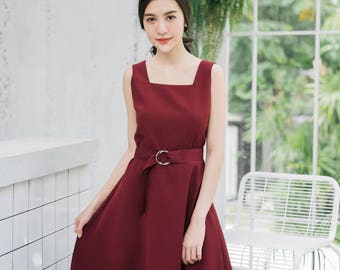 Baverly - Dark Burgundy Dress Vintage Modern Simple Retro Dress Summer Wedding Dress Fit and Flare Summer Dress Elegant Beth red Sundress