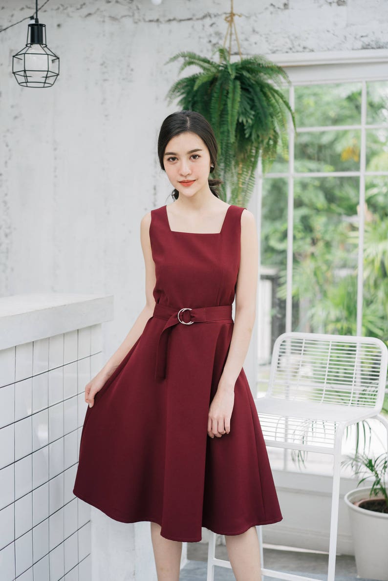 Baverly Dark Burgundy Dress Vintage Modern Simple Retro Dress Summer Wedding Dress Fit and Flare Summer Dress Elegant Beth red Sundress image 1