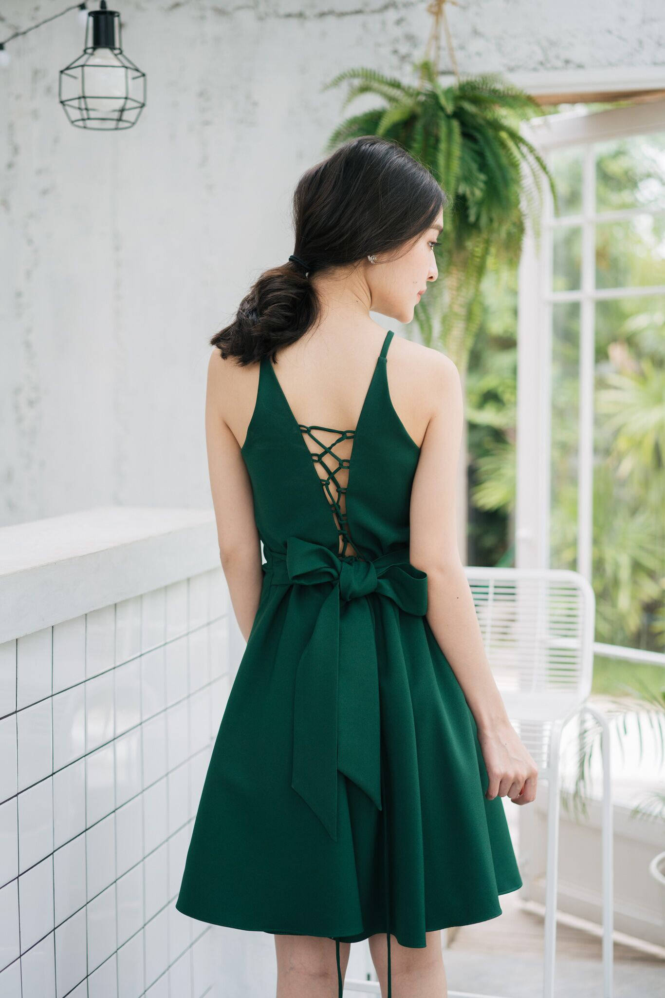 emerald green criss cross back frill hem shift dress Strapless Mermaid Green Lace Prom Dress, Mermaid Green Homecoming Dres –  abcprom