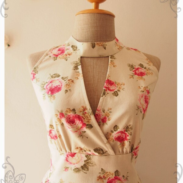 Vintage Floral Party Dress Floral Dress Light Khaki Pink English Rose Floral Bridesmaid Dress Prom Party High Neck dress -Size S,M,L