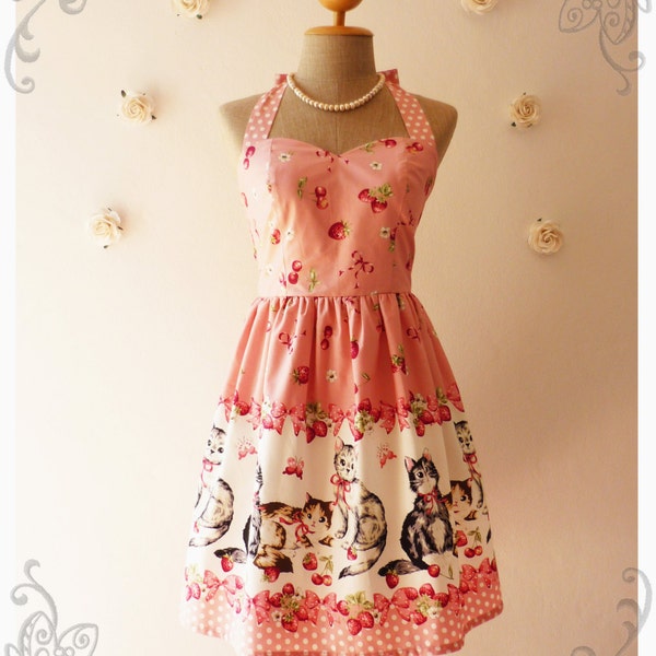 Vintage Inspired Dress Pink Tea Dress Pretty Pink Kitten Dress Plus Size Dress Cat Dress Summer Dress Party Dress Rockabilly - XS-XL,Custom