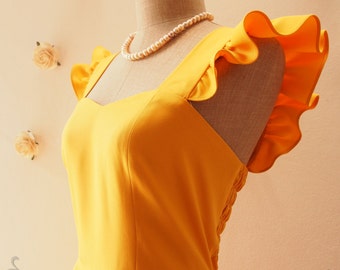 OLIVIA - Bright Mustard Yellow Dress Ruffle Sleeve Dress Yellow Party Dress Bridesmaid Reception Dress Summer dress -Size XS-XL