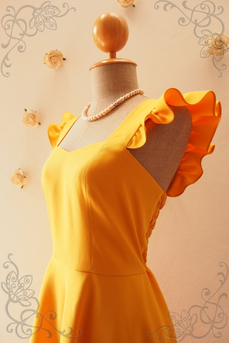 OLIVIA Bright Mustard Yellow Dress Ruffle Sleeve Dress Etsy Canada