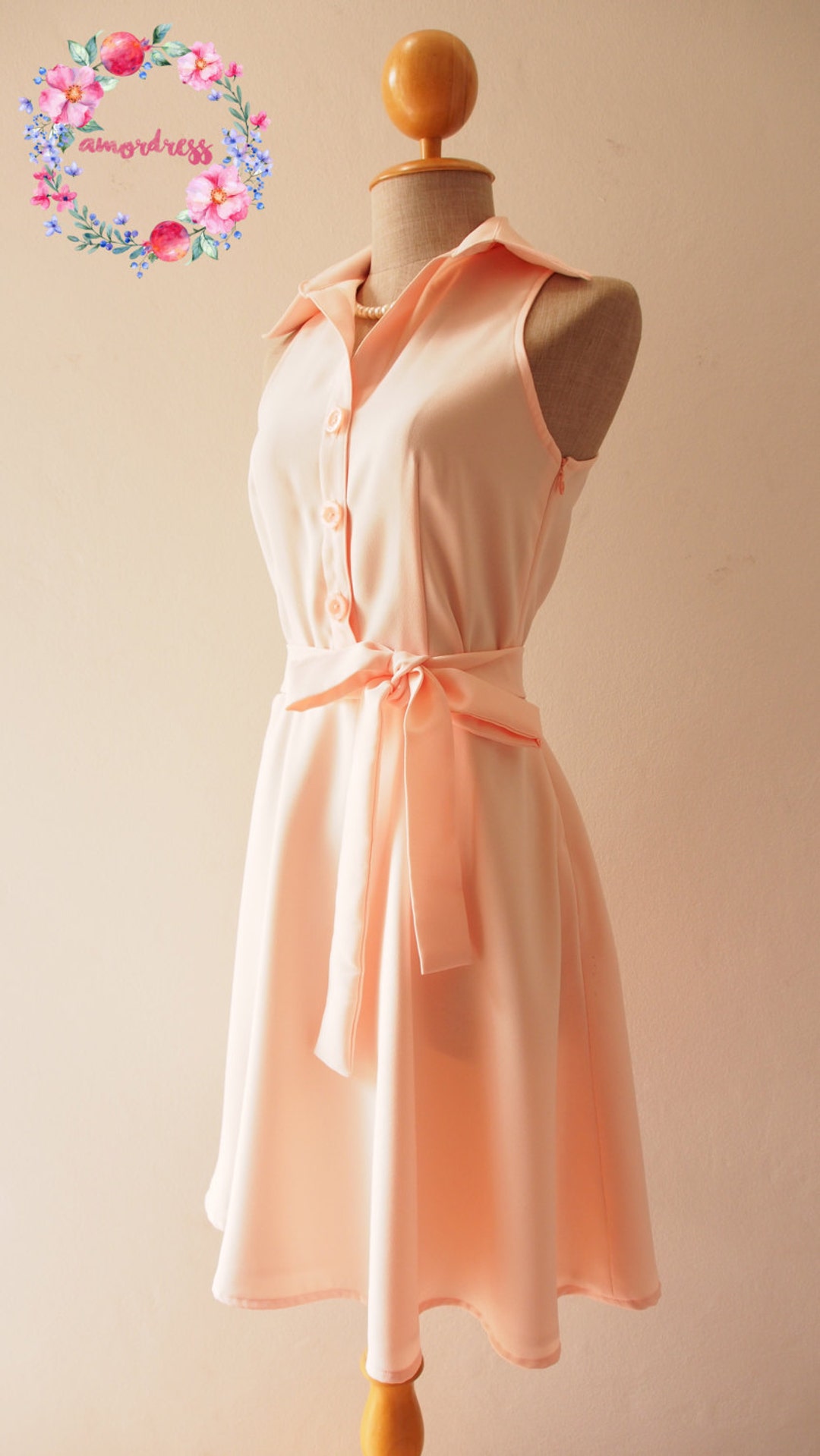 DOWNTOWN Shirt Dress Pale Peach Pink Bridesmaid Dress Sundress Light Peach Casual Dress 1950