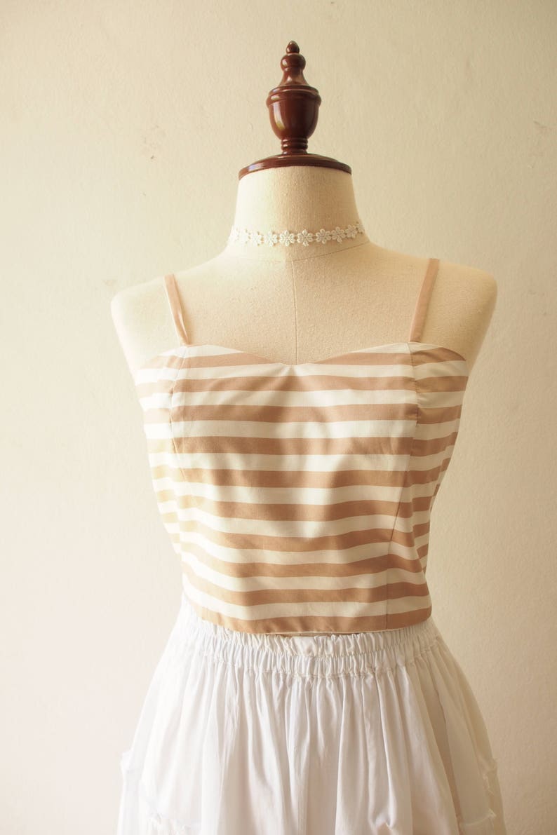 Spaghetti Straps Top Long Bow Crop Top Mocha Brown Stripe Back Self-Tie Bow Beach Holiday Clothing