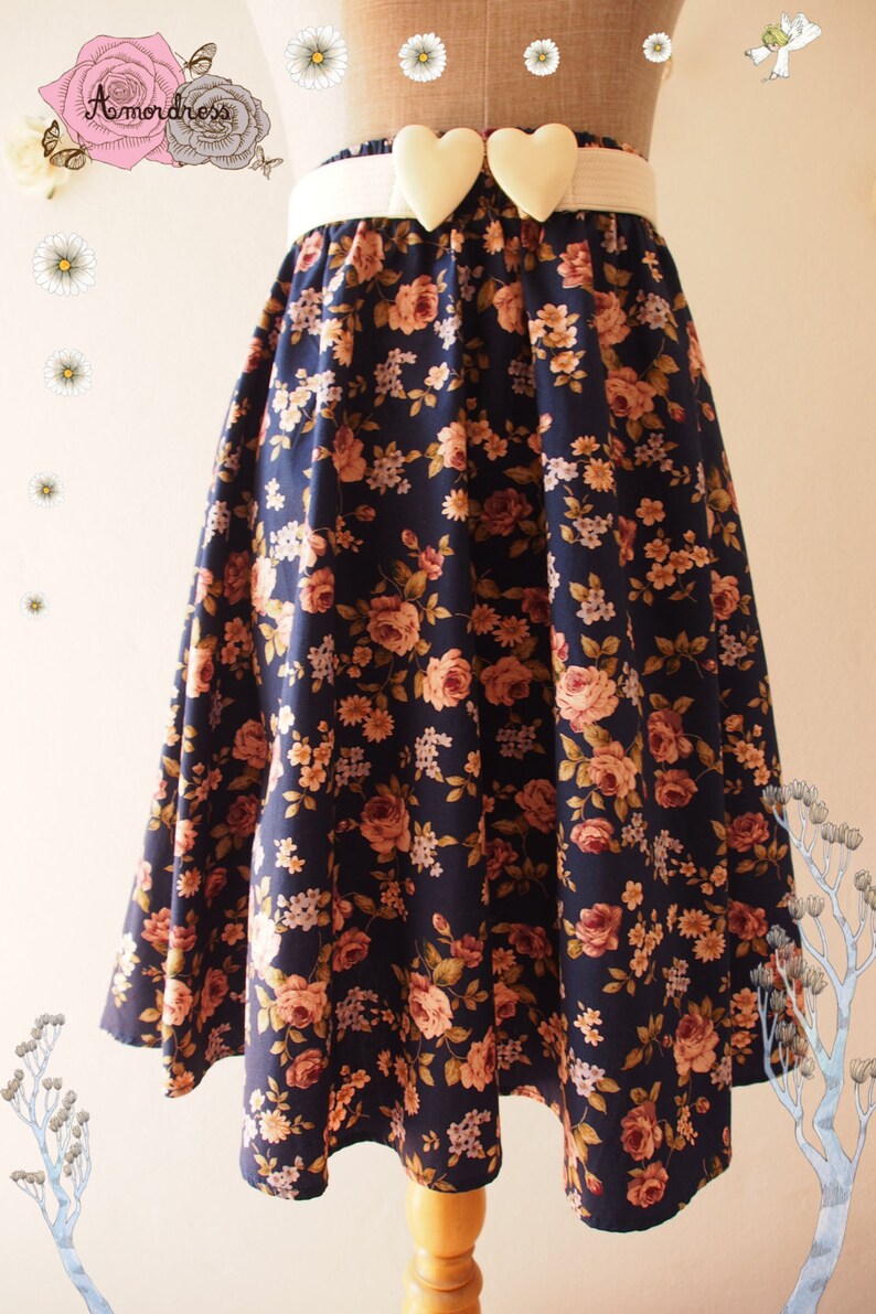Navy Floral Skirt Rose Skirt Summer Skirt Swing Pastel Skirt Dancing Skirt Cotton Midi Skirt Vintage Floral Skirt Size S-M image 2