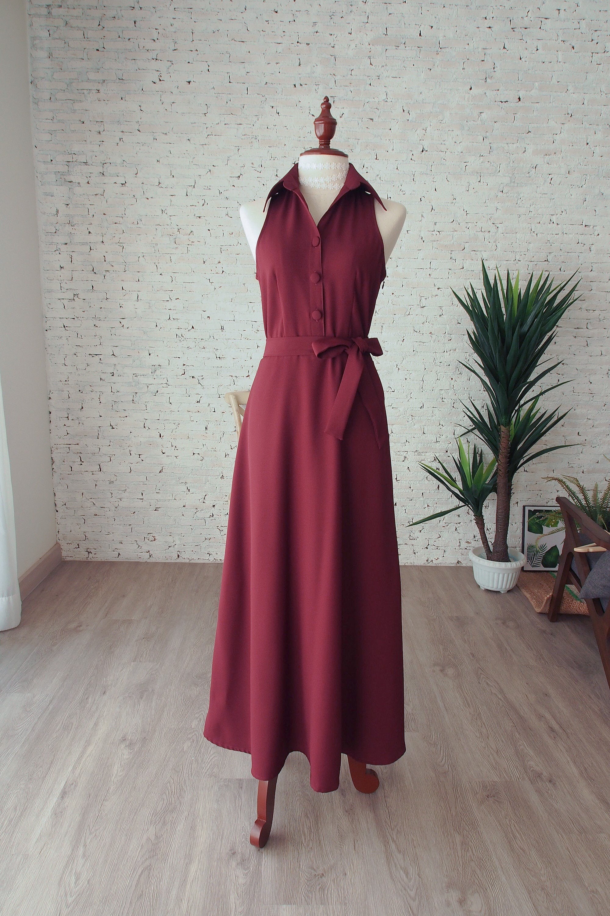 Downtown - 2025 Color preppy Burgundy Shirt Dress Bridesmaid Dress Modest Church Dress Dark Maroon Summer Formal Vintage Rustic Wedding Gown