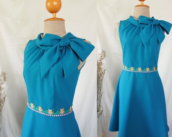 Size XS -Teal Summer dress Pussy Bow Modest Working outfit Women vintage fashion red bridesmaid dress bow tie jabot collar