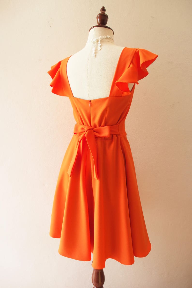 OLIVIA Orange Dress Orange Bridesmaid Dress Swing Dance Dress Tangerine Dress Ruffle Sleeve Sundress Sweetheart Prom Dress Summer Dress image 10