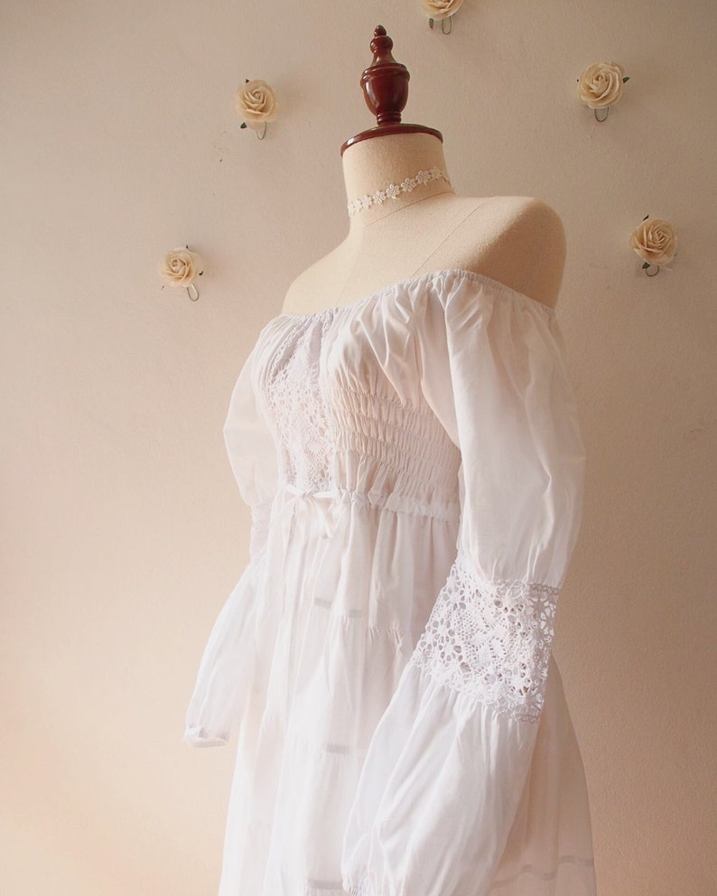 Summer White Dress Boho Wedding Dress Tiered Dress White Bohemian Hippie White Beach Lace Dress Heirloom Vintage Style Dress image 1