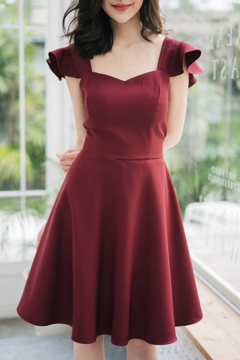 Olivia Burgundy Dress Bridesmaid dress capsule wardrobe dark red Prom Swing Dress Formal Cocktail Wedding Summer Dress Vintage sundress zdjęcie 3