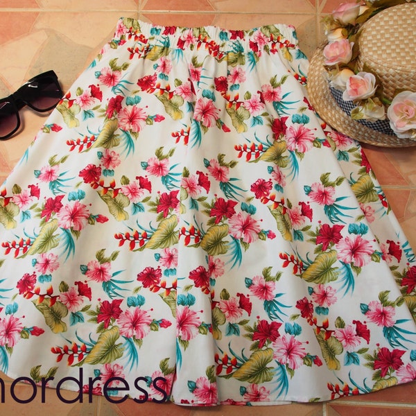 Hibicus Skirt - Summer Garden Beach Time Skirt - Midi Skirt Mid Skirt - Floral Skirt - Kitsch Skirt - Dancing Skirt- Waist 26"-28"