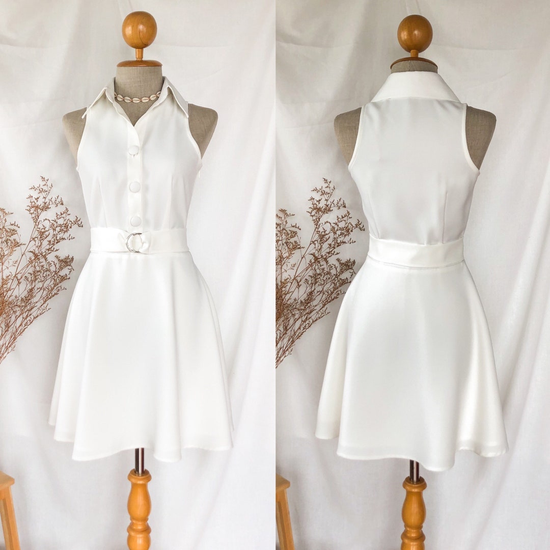 DOWNTOWN White Dress Collar Shirt Dress Wedding Bridesmaid Dress Retro