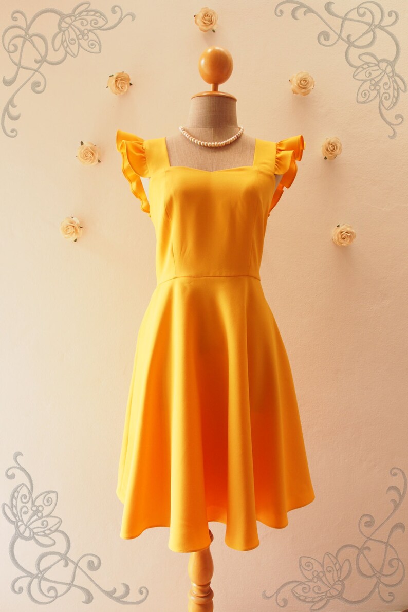 OLIVIA Bright Mustard Yellow Dress Ruffle Sleeve Dress Etsy