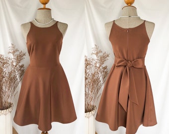 Miki- Brown Party dress brown bridesmaid dress women capsule wardrobe modest prom dress fit and flare swing vintage summer women fashion