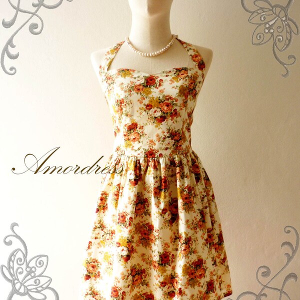 Floral Dress Vintage Inspired Romantic Autumn Tangerine Rose Garden Dress - Once Upon A Time-  Choose Your Size-