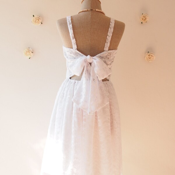 White Lace Dress / Back Illusion Dress / Back Bow Dress / White Lace Wedding Dress / Backless White Prom Party Dress - XS,S,M,L,XL,Custom