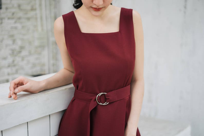 Baverly Dark Burgundy Dress Vintage Modern Simple Retro Dress Summer Wedding Dress Fit and Flare Summer Dress Elegant Beth red Sundress image 4